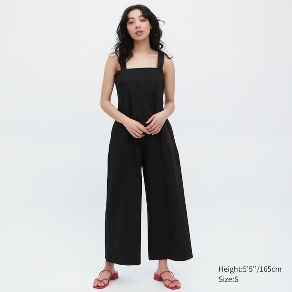 Uniqlo Women’s Black Linen Blend Jumpsuit Sleeveless Square Neck Size S NWOT